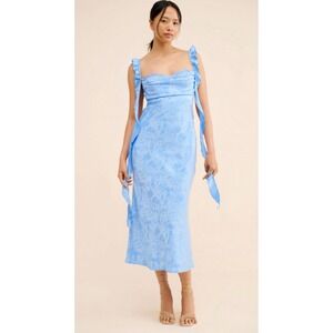 MWT Rare London Blue Ruffle Backless Dress Romantic Wedding guest Midi coquette